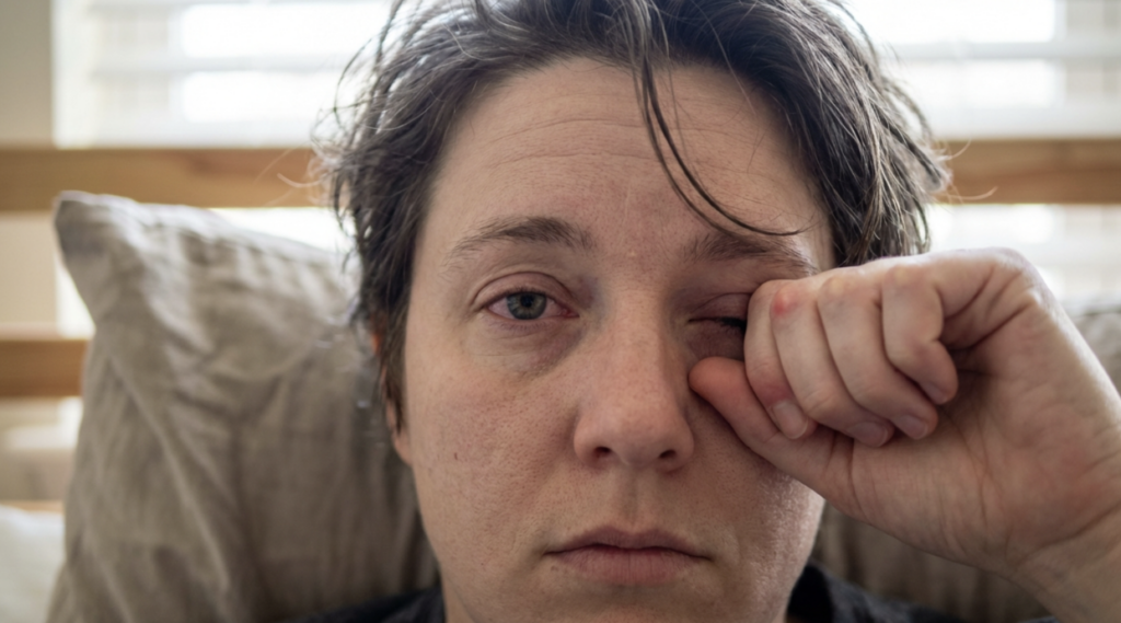 Close-up of a person sitting in bed rubbing their irritated eye, showing signs of morning discomfort and fatigue.